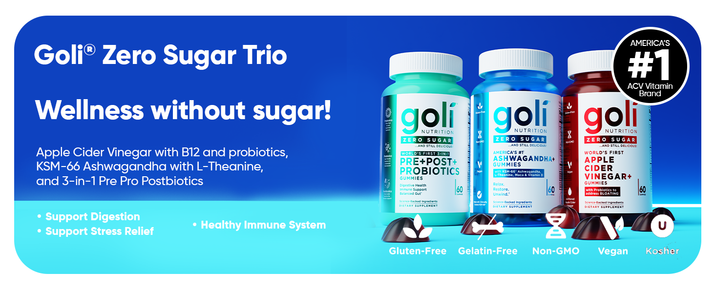 Goli Zero Sugar Trio - World's First 3-in-1 Pre, Post, Probiotic, Apple Cider Vinegar with Vitamin B12 and Probiotics, Ashwagandha & L-Theanine, Vitamin D Gummies, 90 Count (3-Bottle Set) goli zero sugar trio
