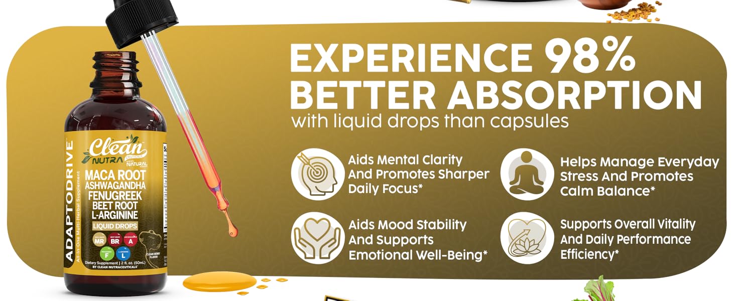 Clean Nutra Organic Maca Root Liquid Drops with Ashwagandha, Fenugreek, Beet Root and L-Arginine Liquid Multivitamin for Women and Men - Adapto Drive Adapto Drive Liquid Drops