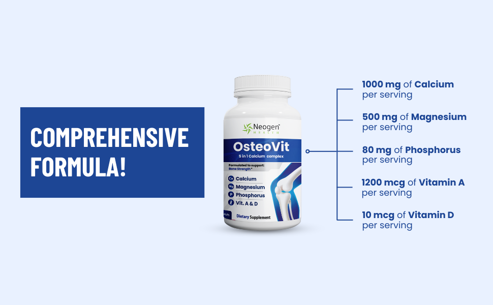 OsteoVit 5-in-1 Calcium 120 tabs Multivitamin: Calcium, Magnesium, Phosphorus, Vitamin D3 & A - Bone Strength & Flexibility*, Non-GMO Gluten Free | Calcium Supplement for Women & Men with Vitamin D Calcium supplement for women with vitamin D magnesium men zinc bone menopause joint phosphorus