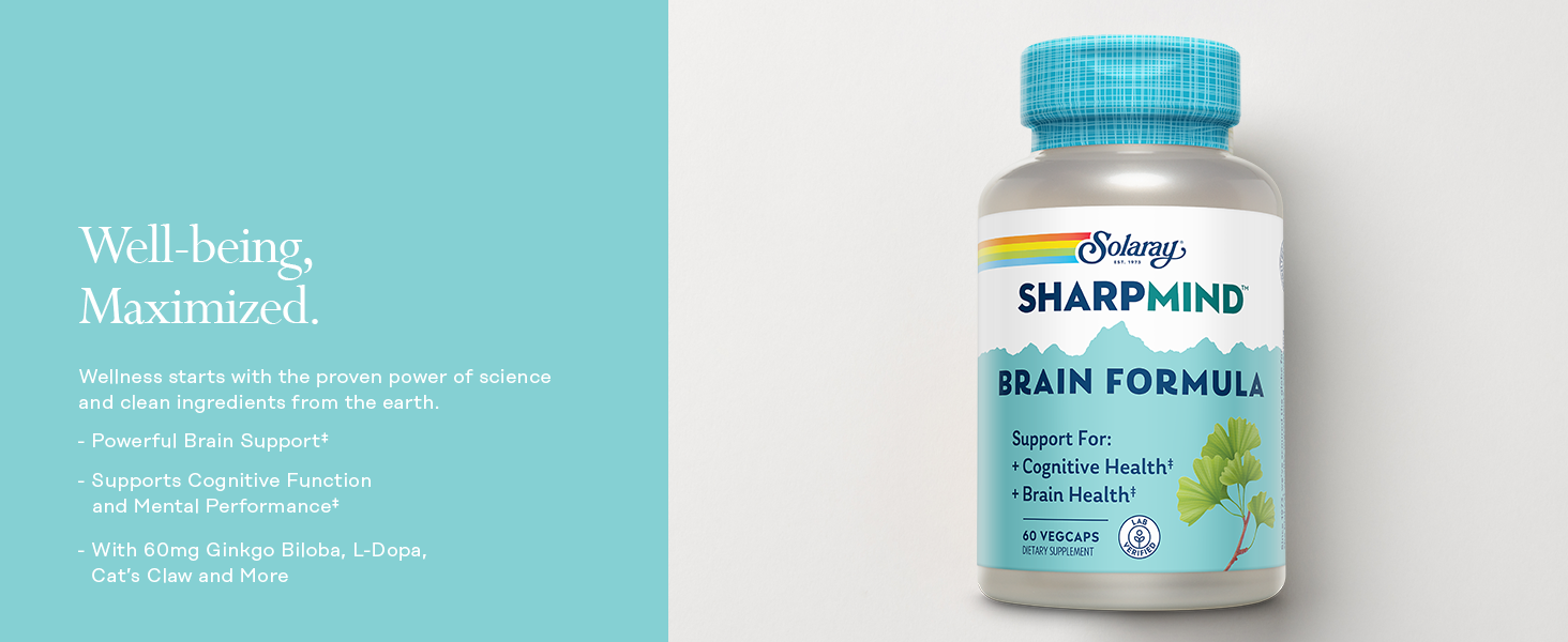 SOLARAY SharpMind Brain Support Formula - Nootropic Brain Supplements - Cognitive and Brain Health Support with Ginkgo Biloba - 60-Day Guarantee, 60 Servings, 60 VegCaps Brain Support Formula