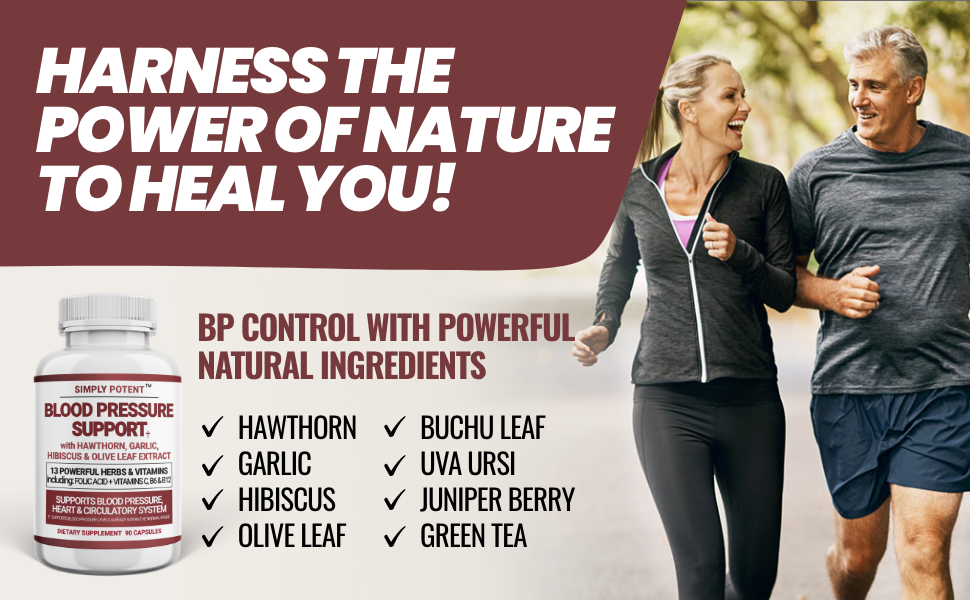 Blood Pressure Support Supplements - Healthy Heart, Cholesterol, Cardio, Hypertension, High BP - 13 Vitamins & Herbs - Folic Acid, Vitamins C B6 & B12, Hawthorn Olive Leaf Garlic Hibiscus, 90 Capsule Simply Potent Blood Pressure Support