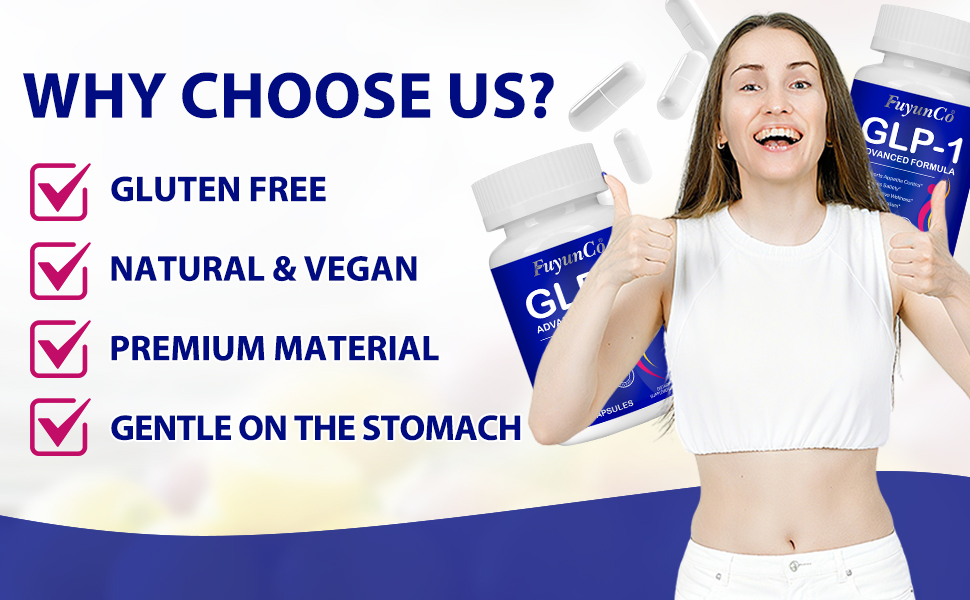 GLP 1 Supplement, 120 Capsules GLP-1 Probiotic for Appetite Regulate & Gut Health, Reduce Hunger & Cravings for Digestive, Promote GLP-1 Production & Support Weight Management, Vegan for Women & Men Text reads 'WHY CHOOSE US?' with checkmarks for 'GLUTEN FREE', 'NATURAL & VEGAN', 'PREMIUM MATERIAL', 'GENTLE ON THE STOMACH'. Product packaging shows GLP-1 branding in blue and white design.