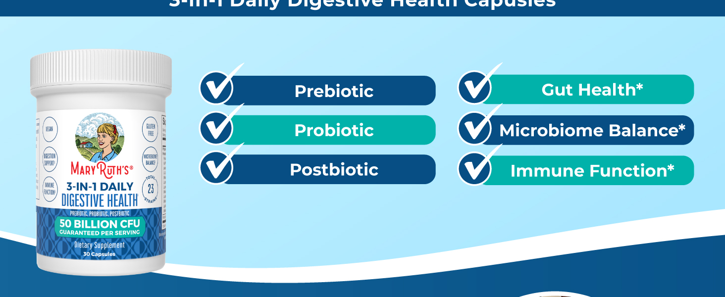 MARYRUTH'S 3-in-1 Probiotics for Digestive Health | Prebiotic & Postbiotic | Gut Health Supplement for Women & Men | 23 Unique Strains | Immune Support | 50 Billion CFU | 30 Servings 3-in-1 Daily Digestive Health Capsules, 30 ct