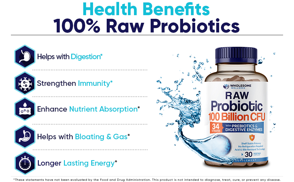 Wholesome Wellness Organic Raw Probiotics 100 Billion CFU, Dr Formulated for Women and Men, Complete Adult Supplement with Prebiotics and Digestive Enzymes; 30 Capsules, Shelf Stable benefits