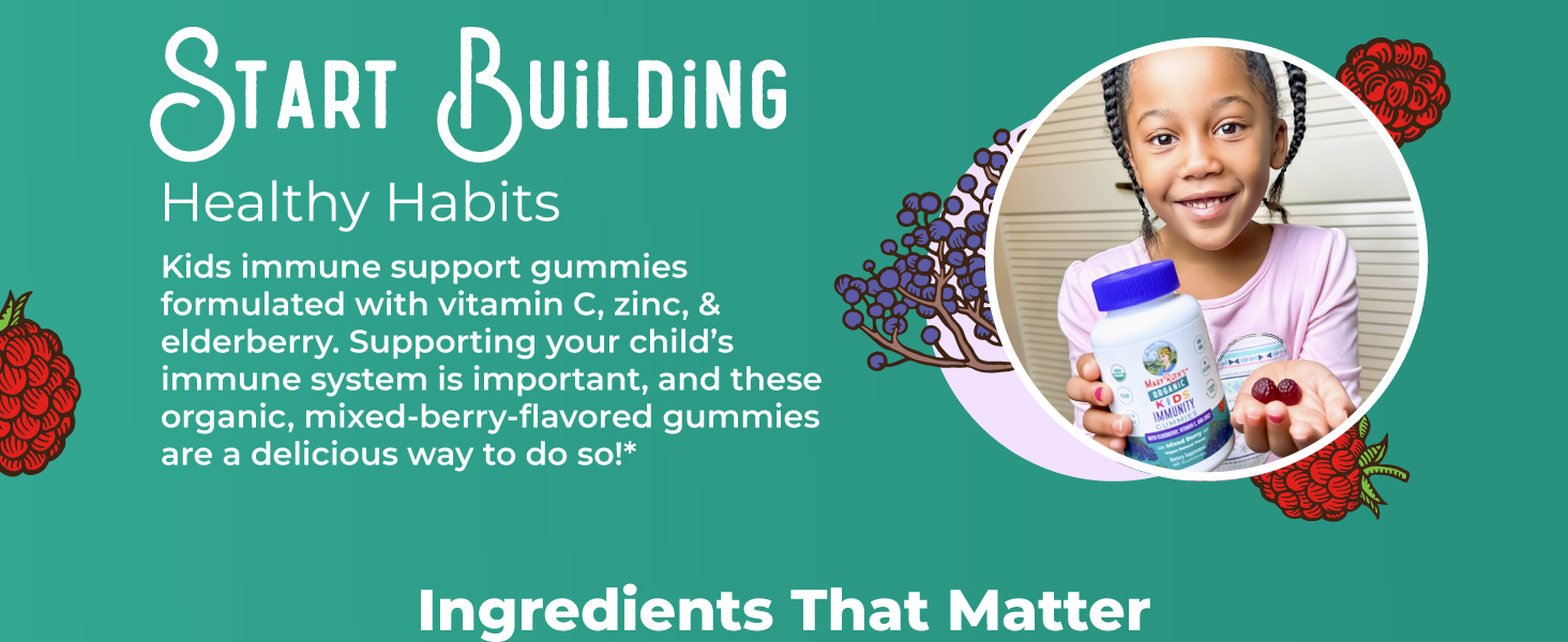 MaryRuth Organics Kids Immune Support Gummies | USDA Organic | Vitamin C, Zinc, and Elderberry Gummies for Kids| Immune Support for Ages 4+ | Vegan | Non-GMO | Gluten Free | 60 Count kids immunity gummies