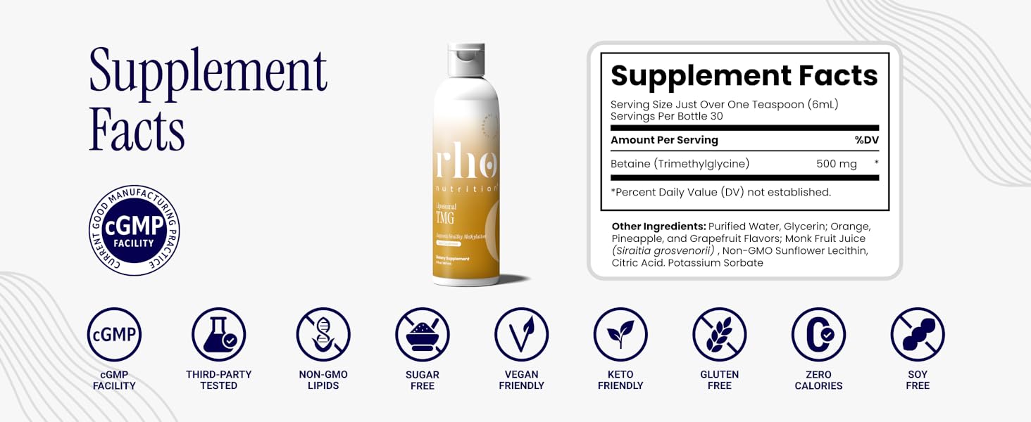 Rho Nutrition Liposomal TMG – Ultra High Absorption Liquid Trimethylglycine Supplement – Supports Methylation, Homocysteine Metabolism, Liver Function, Sport Performance, Recovery, Metabolic Energy Rho Liposomal TMG liquid supplement bottle lifestyle pineapple orange flavor gluten free soy free