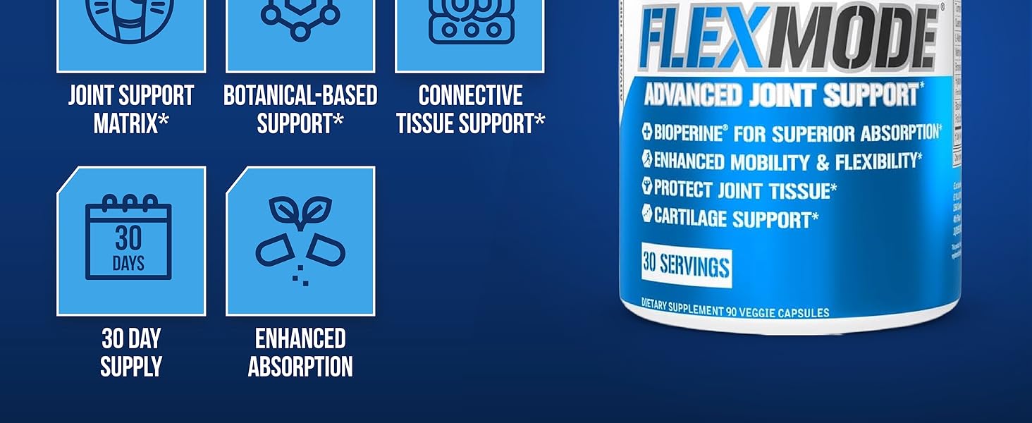 High Absorption Joint Support Supplement - Evlution FLEXMODE Joint Supplement with Advanced Joint Vitamins Including Glucosamine Chondroitin MSM Boswellia and Hyaluronic Acid - 30 Servings