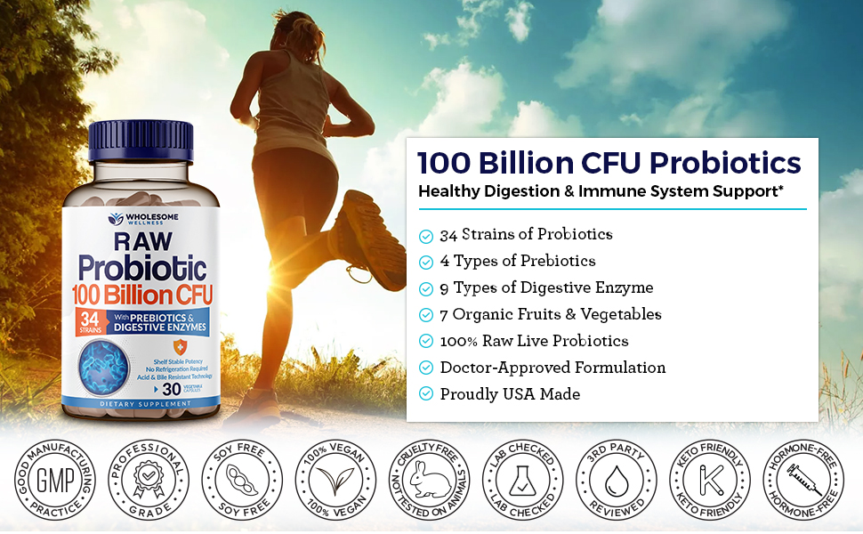 Wholesome Wellness Organic Raw Probiotics 100 Billion CFU, Dr Formulated for Women and Men, Complete Adult Supplement with Prebiotics and Digestive Enzymes; 30 Capsules, Shelf Stable Raw Probiotics