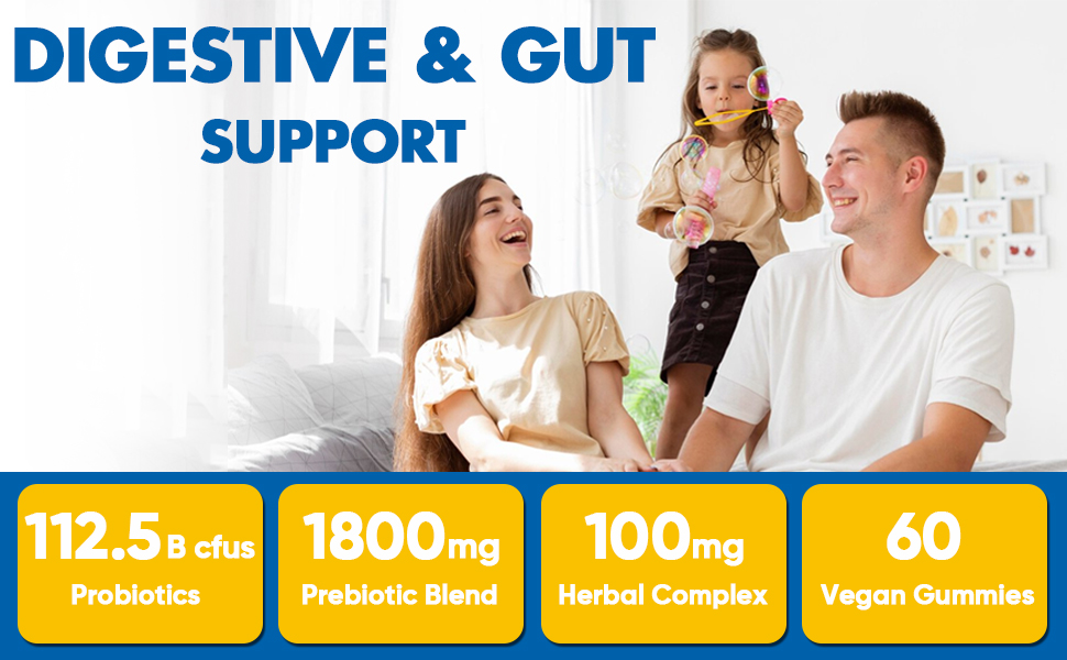 Gut Health & Probiotic Gummies, 112.5 Billion CFU, Sugar Free - 8 Strains + Prebiotics + Herbs - for Digestive, Immune, Diarrhea & Bloating - Gut Health for Women & Men, 60 Counts Probiotics Gummies gut health probiotic gummies gut health for women probiotics for women gummies