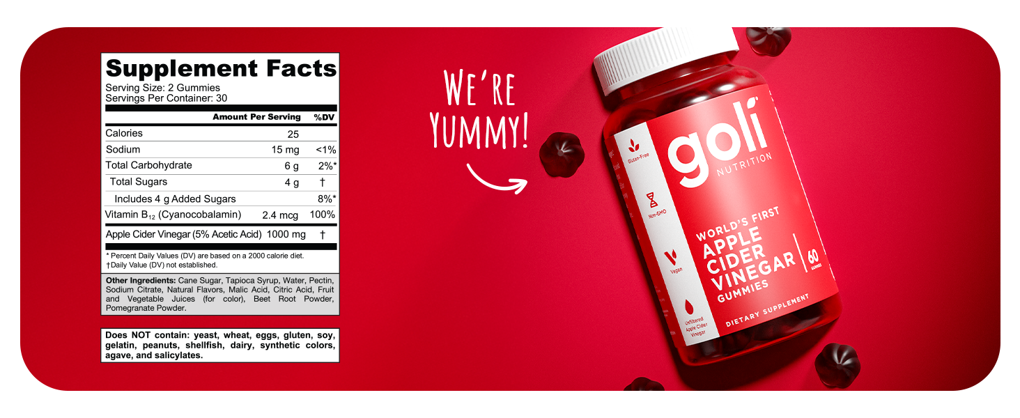 Goli Apple Cider Vinegar Gummies - Worlds First ACV Gummy with Vitamin B12, Beetroot & Pomegranate - Vegan, Non-GMO, Gluten-Free acv