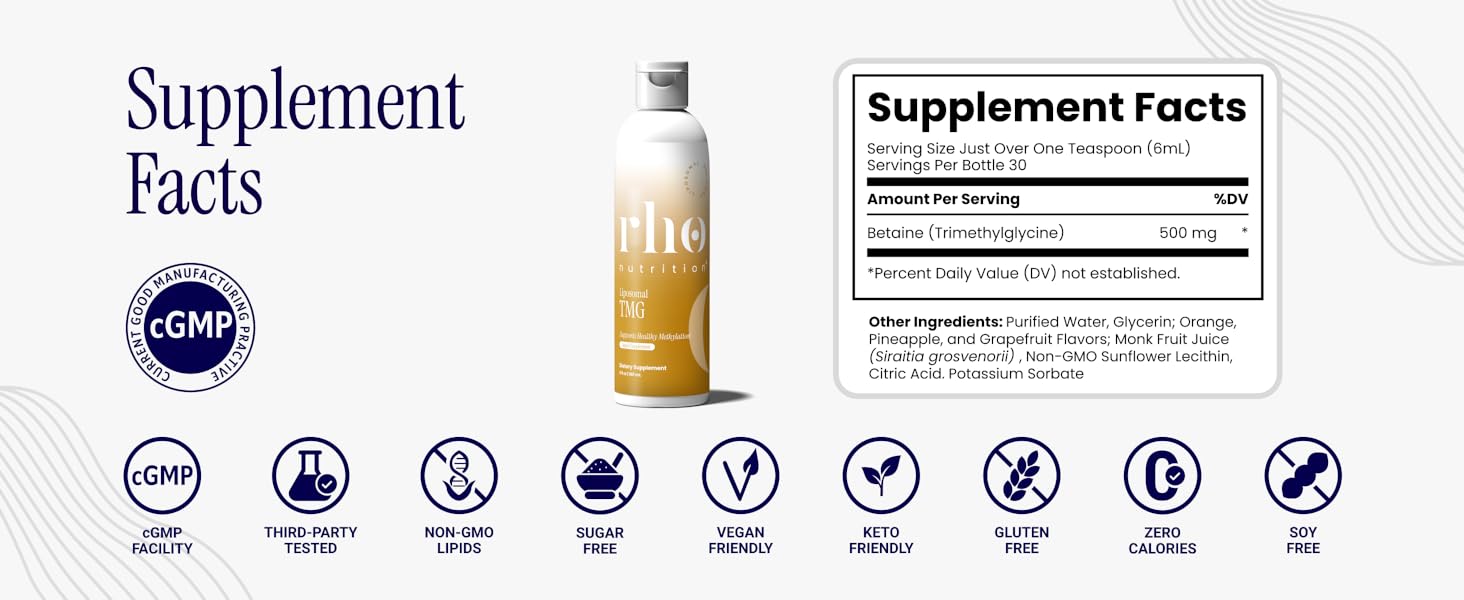 Rho Liposomal TMG supplement facts panel betaine 500 mg liquid formula cGMP certified facility