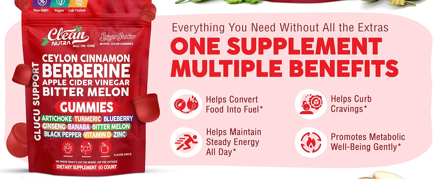 Sugar Savior Ceylon Cinnamon Berberine Gummies Apple Cider Vinegar Artichoke Turmeric Blueberry Ginseng Banaba Bitter Melon Black Pepper Vitamin D Zinc GLP1 Gummies 60 Count by Clean Nutra Sugar Savior Gummies