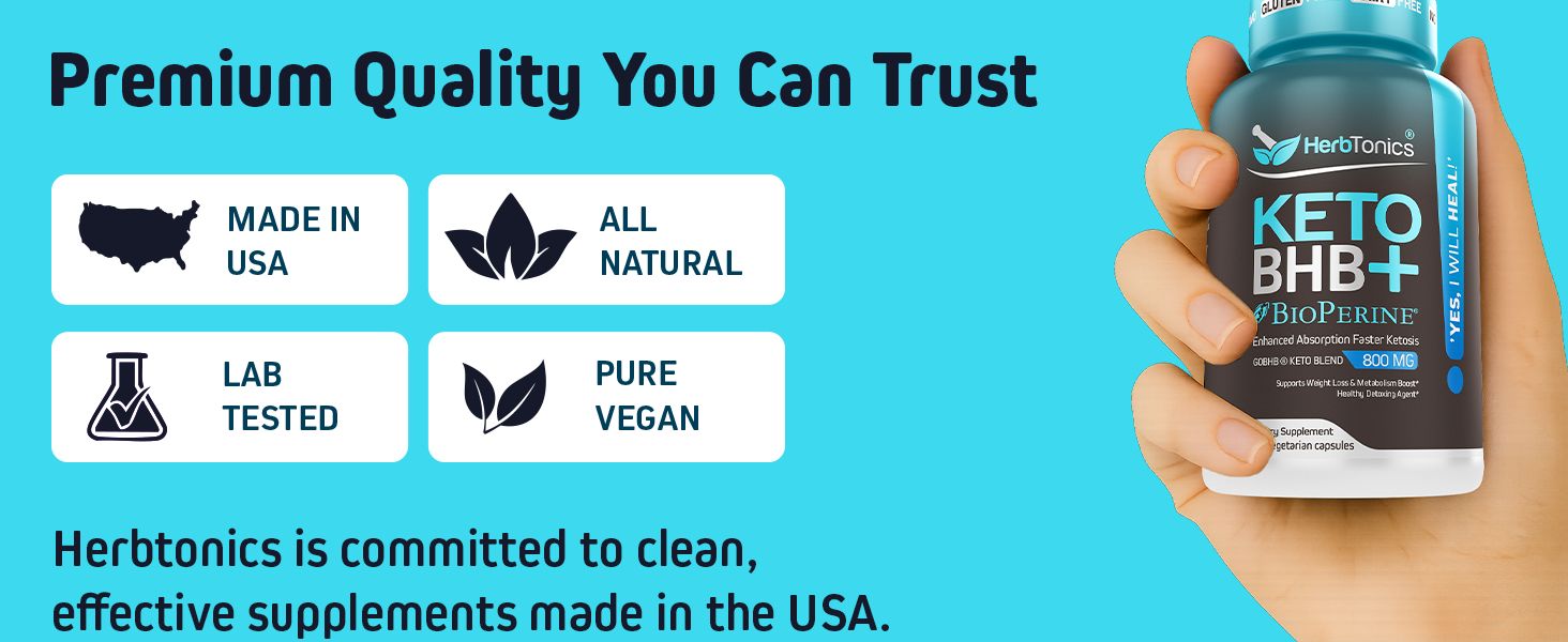 Herbtonics Keto BHB+ BioPerine Keto Pills, Exogenous Ketones for Ketosis Support, Weight Management, GLP‑1 Support, Energy & Mental Focus, Vegan Friendly Non‑GMO Formula. 60 Vegan Capsules Premium Quality You Can Trust: Made in the USA, All Natural, Lab Tested, Pure & Vegan