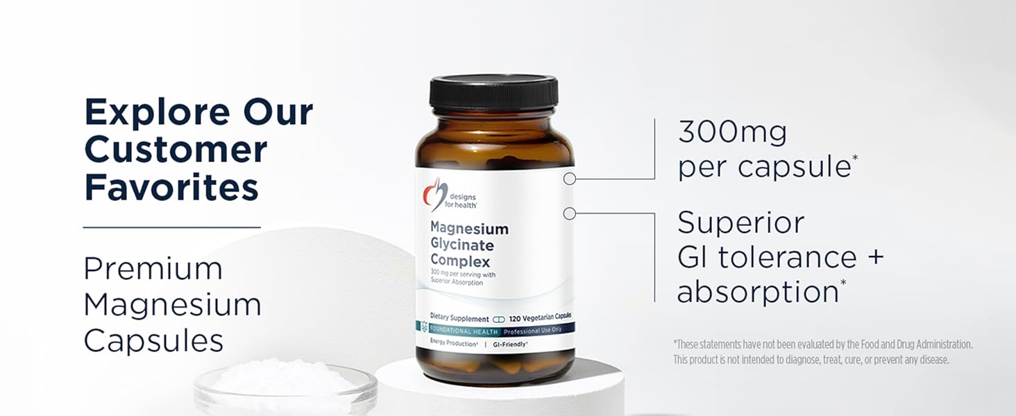 Designs for Health Plant Enzyme Digestive Formula - Vegetarian Digestive Enzymes Supplement - Gut Support with Hemicellulase, Protease + More - May Support Occasional Gas + Bloating (90 Capsules) Magnesium Glycinate Complex