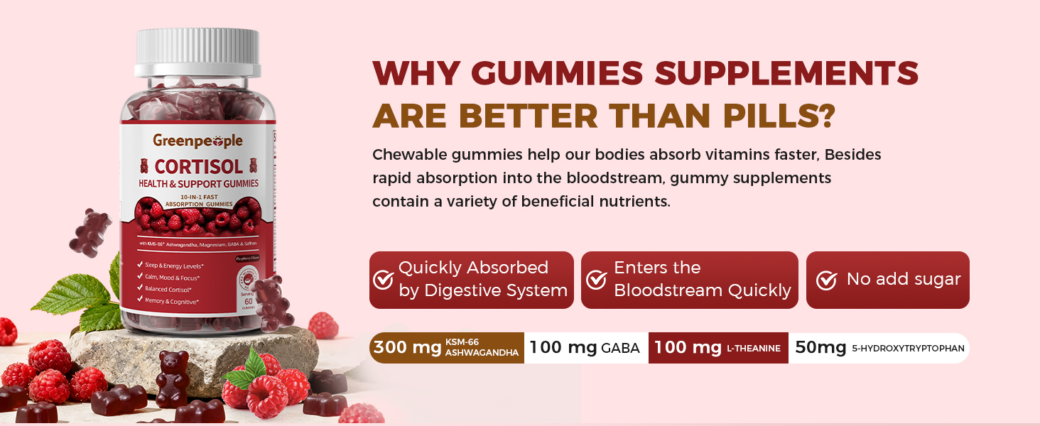 GREENPEOPLE Cortisol Supplements for Women & Men - Cortisol Reducer Detox Manager w/KSM-66 Ashwagandha/Magnesium/L-theanine/GABA/Vitamin B6 for Mood/Sleep/Stress Relief 60 CT Raspberry Flavor Gummies cortisol supplements for women