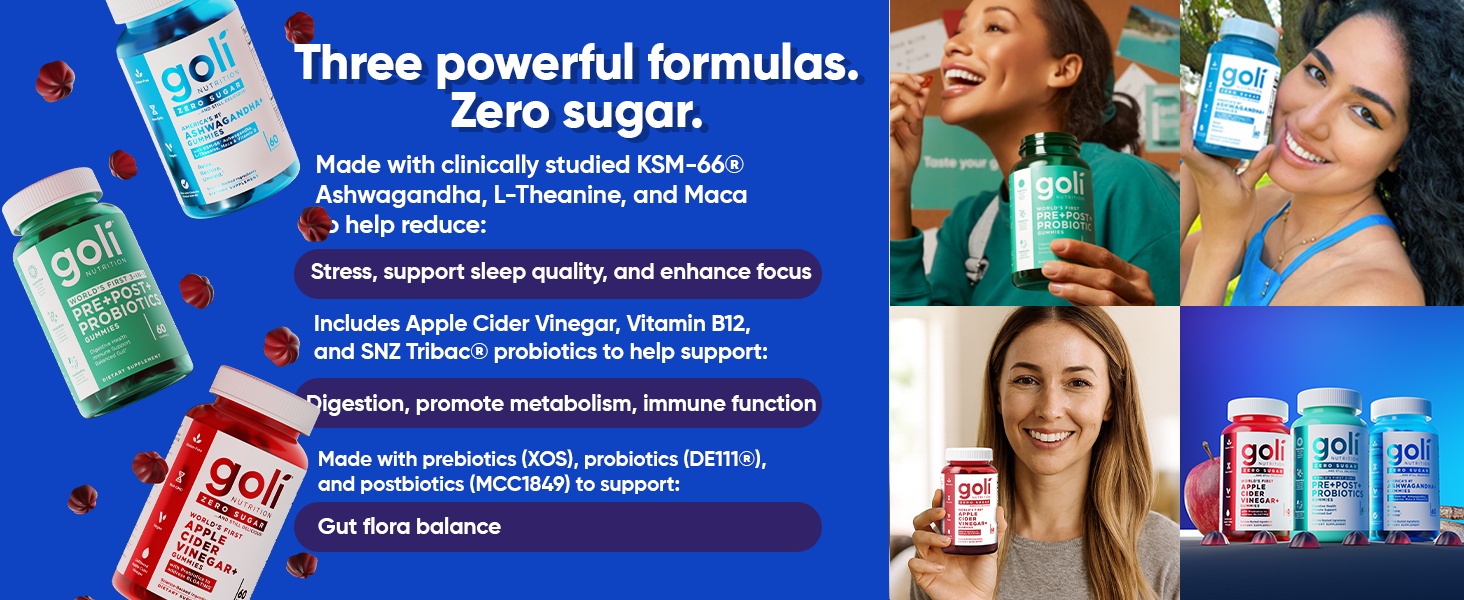 Goli Zero Sugar Trio - World's First 3-in-1 Pre, Post, Probiotic, Apple Cider Vinegar with Vitamin B12 and Probiotics, Ashwagandha & L-Theanine, Vitamin D Gummies, 90 Count (3-Bottle Set) goli zero sugar trio
