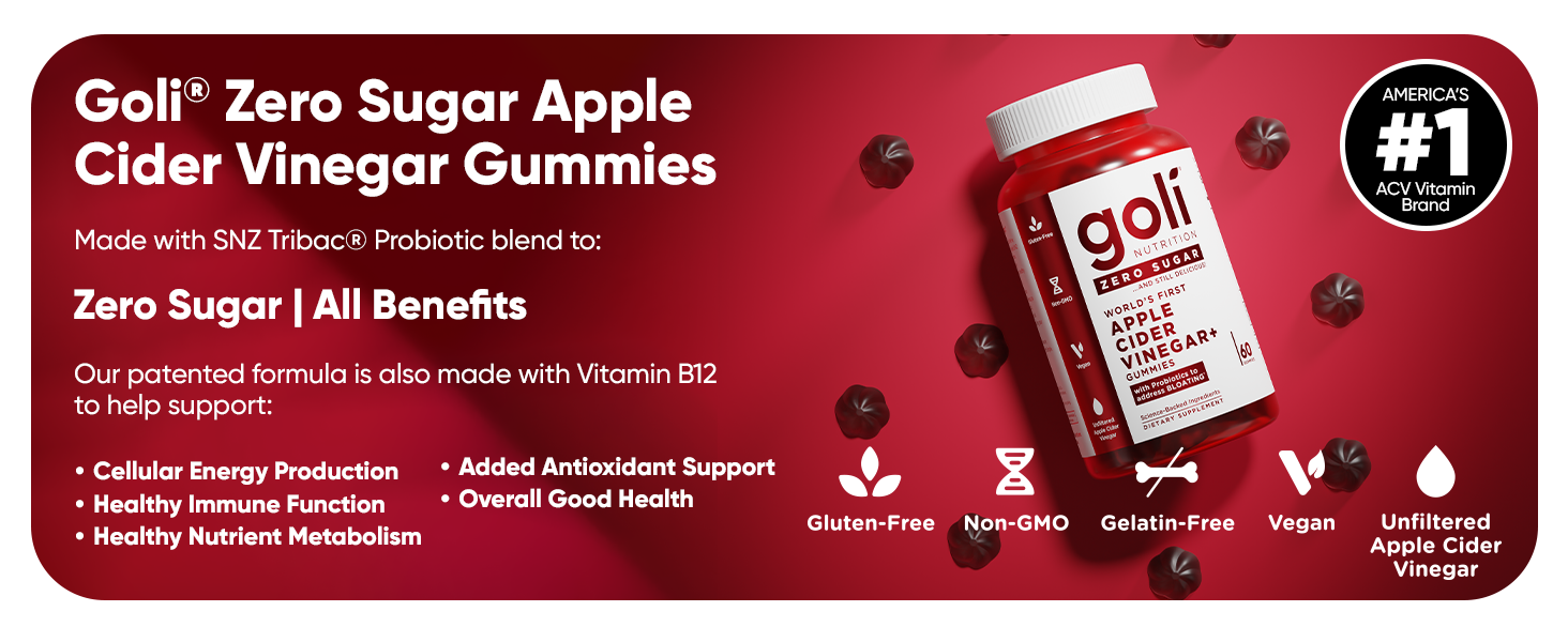 Goli Zero Sugar Apple Cider Vinegar Gummies - ACV with Vitamin B12 and Probiotics - No Sugar Alcohols - Vegan, Keto-Friendly, Gluten-Free Apple Cider Vinegar