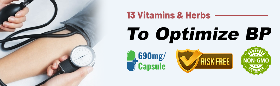Blood Pressure Support Supplements - Healthy Heart, Cholesterol, Cardio, Hypertension, High BP - 13 Vitamins & Herbs - Folic Acid, Vitamins C B6 & B12, Hawthorn Olive Leaf Garlic Hibiscus, 90 Capsule Blood Pressure