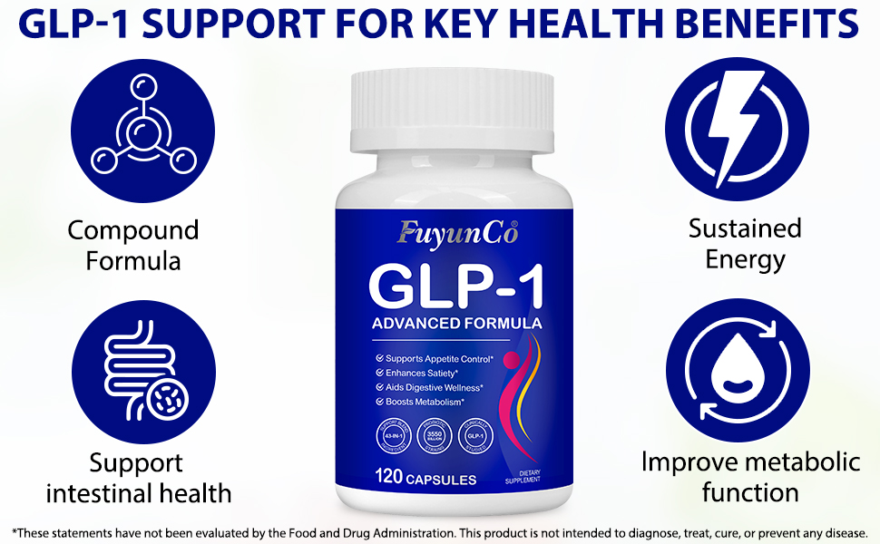 GLP 1 Supplement, 120 Capsules GLP-1 Probiotic for Appetite Regulate & Gut Health, Reduce Hunger & Cravings for Digestive, Promote GLP-1 Production & Support Weight Management, Vegan for Women & Men Text reads 'GLP-1 SUPPORT FOR KEY HEALTH BENEFITS'. Medical product infographic showing multiple blue circular icons with health benefit illustrations and text.