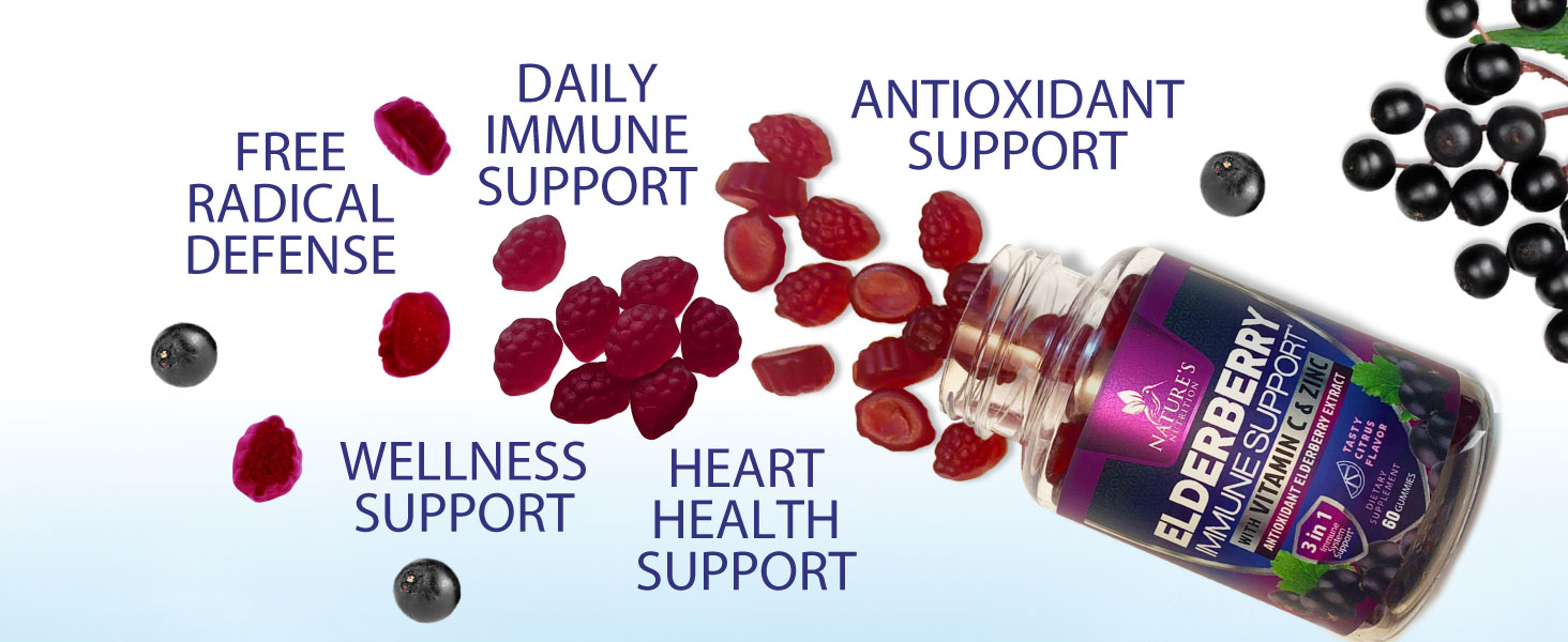 Elderberry Immune Support Gummies - 3X Strength Sambucus Elderberry Gummy with Vitamin C, D3 & Zinc - Nature’s Black Elderberry Extract - Immune Support Supplement for Adults & Kids - 60 Gummies immune gummies immune plus gummies vitamin c gummy all natural elderberry gummies