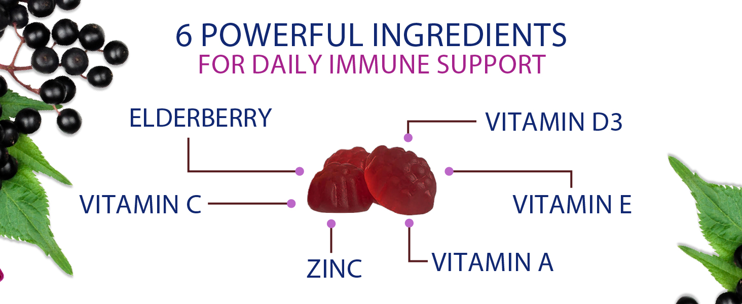 Elderberry Immune Support Gummies - 3X Strength Sambucus Elderberry Gummy with Vitamin C, D3 & Zinc - Nature’s Black Elderberry Extract - Immune Support Supplement for Adults & Kids - 60 Gummies elderberry gummies elderberry gummy elderberry gummies for gummies immune support elderberry gummies