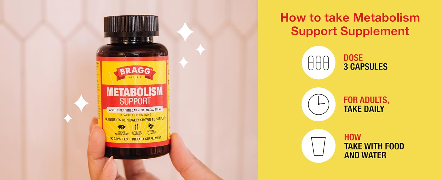 Bragg Metabolism Support Apple Cider Vinegar Capsules with Botanical Blend - 90 Capsules - Increased GLP-1 Support for Weight Management, Appetite Control, and Fullness Metabolism/GLP-1