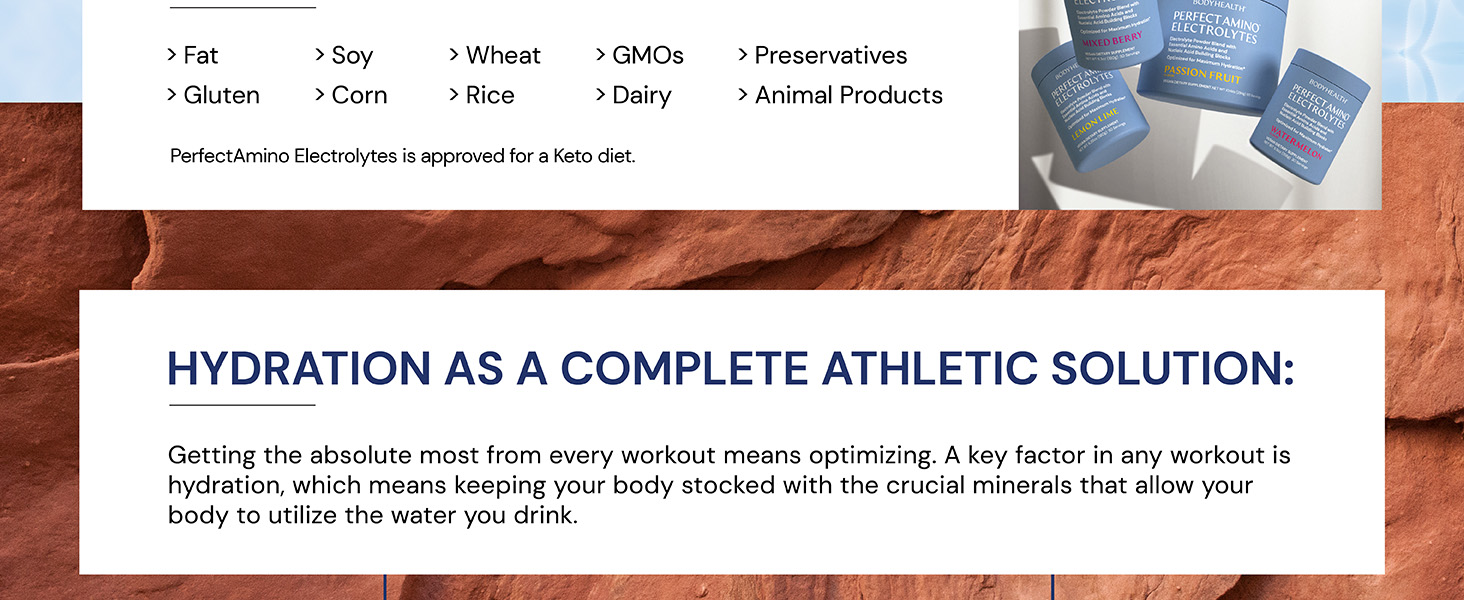 BodyHealth PerfectAmino Electrolytes Powder No Sugar, Hydration Fasting Keto Zero Sugar Electrolytes Drink Mix with Trace Minerals - Passion Fruit - 30 Servings transparent based lite high sodium low hunger feel good stick go powdered drinks light feels