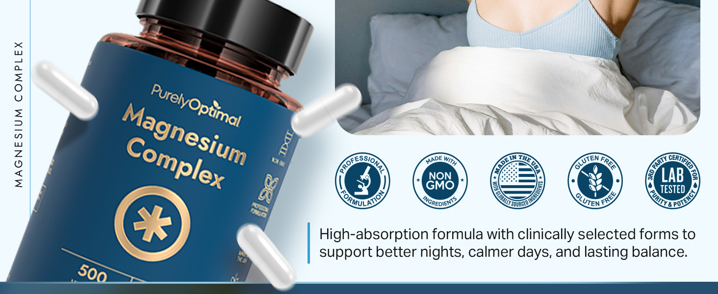 Purely Optimal Magnesium Complex - 6 Forms Magnesium Glycinate, Citrate & Malate - Sleep Support, Stress Relief, Muscles, Heart Health & Relaxation - Magnesium Supplement for Women & Men, 120 Caps magnesium