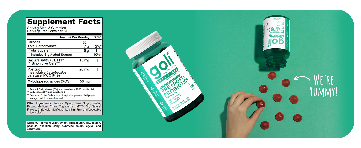Goli Zero Sugar Pre Pro Postbiotic Gummies - Worlds First 3-in-1 with DE111, XOS, MCC1849 - No Sugar Alcohols - Vegan, Keto-Friendly, Non-GMO zppp