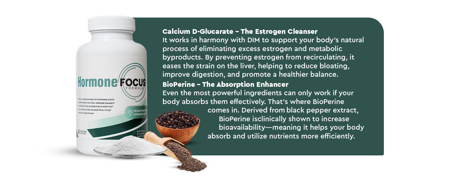 Hormone Focus – Estrogen Balance for Women - DIM Supplement with Diindolylmethane, Calcium D-Glucarate & BioPerine – Supports Hormonal Health, Mood, Energy, Mental Clarity, Clear Skin & Weight DIM and calcium d-glucarate capsules for hormonal imbalance bloating and brain fog