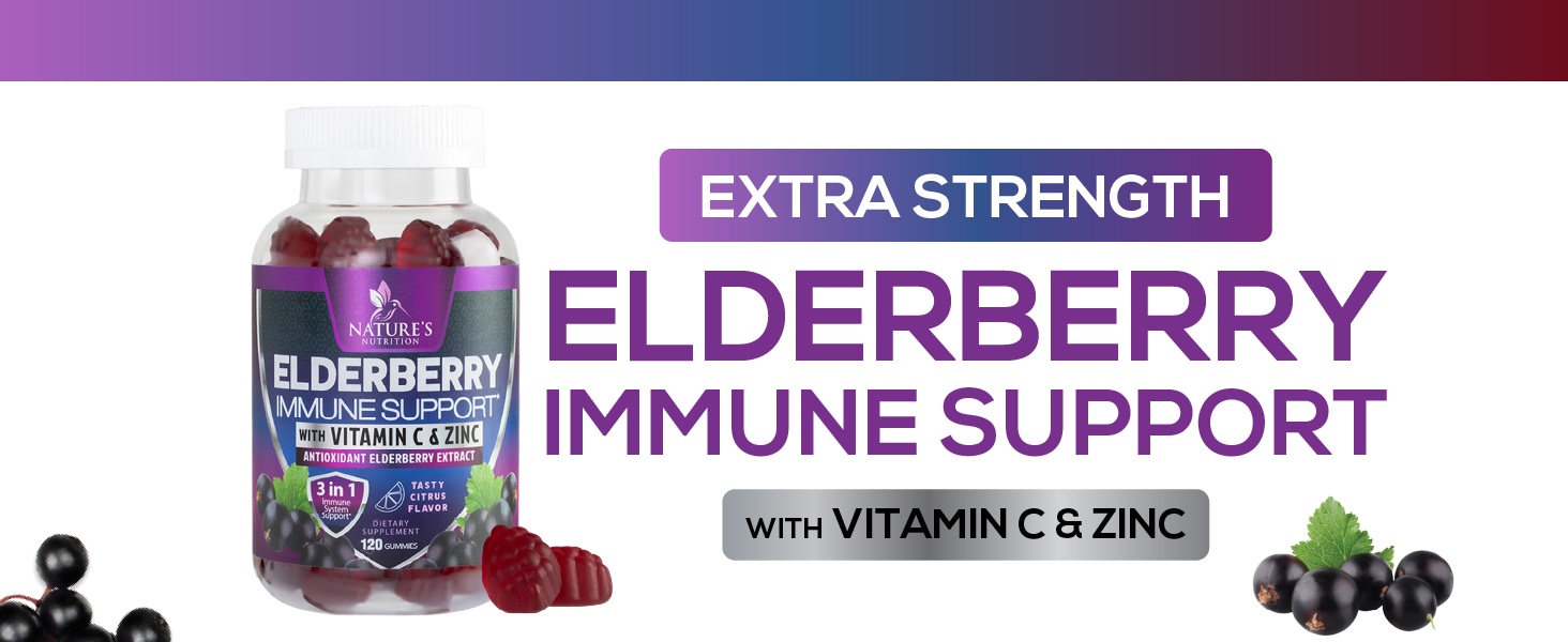 Elderberry Immune Support Gummies - 3X Strength Sambucus Elderberry Gummy with Vitamin C, D3 & Zinc - Nature’s Black Elderberry Extract - Immune Support Supplement for Adults & Kids - 60 Gummies elderberry elderberry adult elderberry immune gummies adult elderberry gummys elderberry