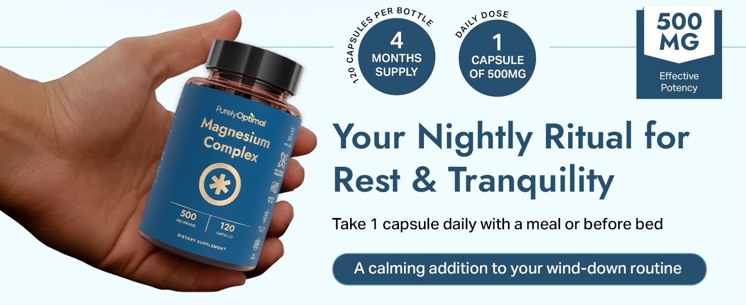 Purely Optimal Magnesium Complex - 6 Forms Magnesium Glycinate, Citrate & Malate - Sleep Support, Stress Relief, Muscles, Heart Health & Relaxation - Magnesium Supplement for Women & Men, 120 Caps magnesium complex