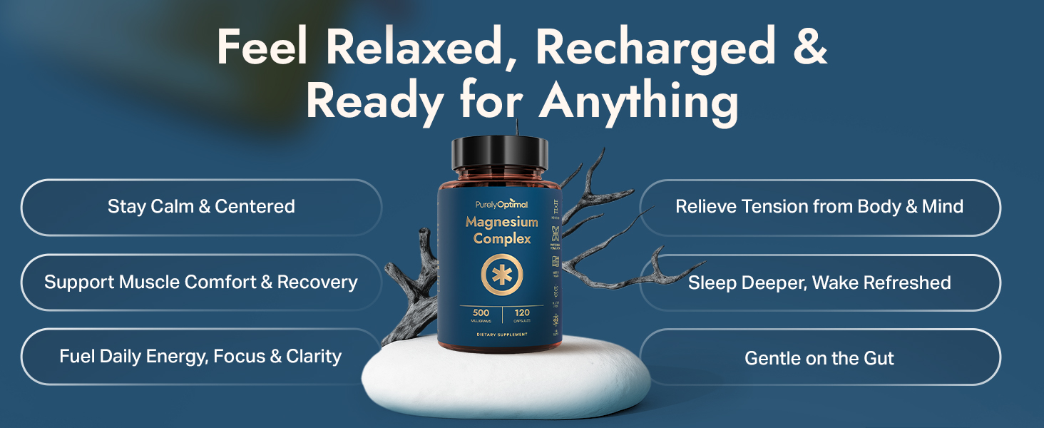 Purely Optimal Magnesium Complex - 6 Forms Magnesium Glycinate, Citrate & Malate - Sleep Support, Stress Relief, Muscles, Heart Health & Relaxation - Magnesium Supplement for Women & Men, 120 Caps magnesium complex for women