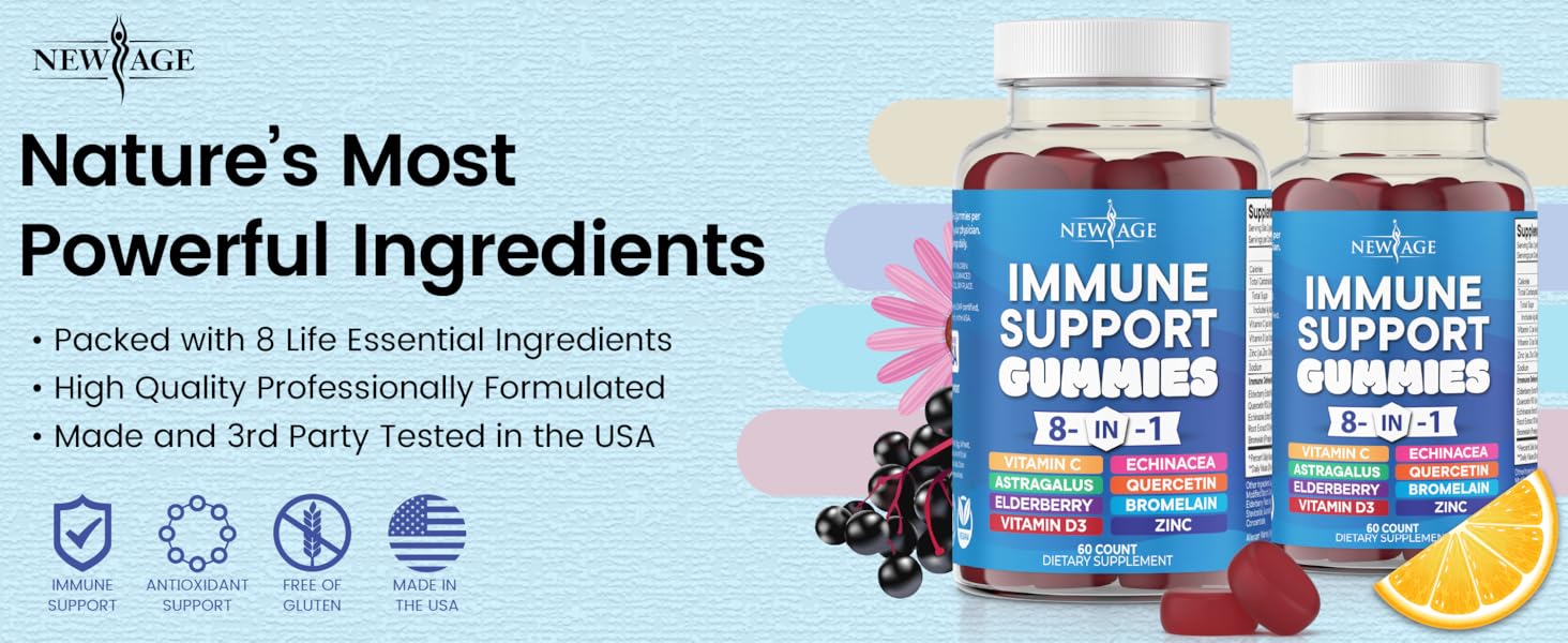 NEW AGE 8 in 1 Immune Support Booster Supplement with Astragalus Root, Vitamin C and Zinc 50mg, Vitamin D 5000 IU, Quercetin & Bromelain (8 in 1 Gummies (Pack of 2)) immune support gummies vitamin a c e d b elderberry zinc quercetin health family safe