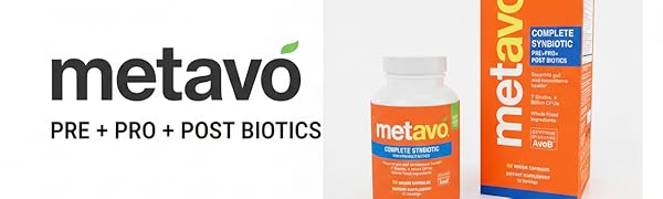 Metavo Complete Synbiotic - GLP-1 Support Pre+Pro+Postbiotics | 60 Veggie Capsules | 7 Strains, 4 Billion CFUs | Gut Health & Microbiome Support Metavo with AvoB