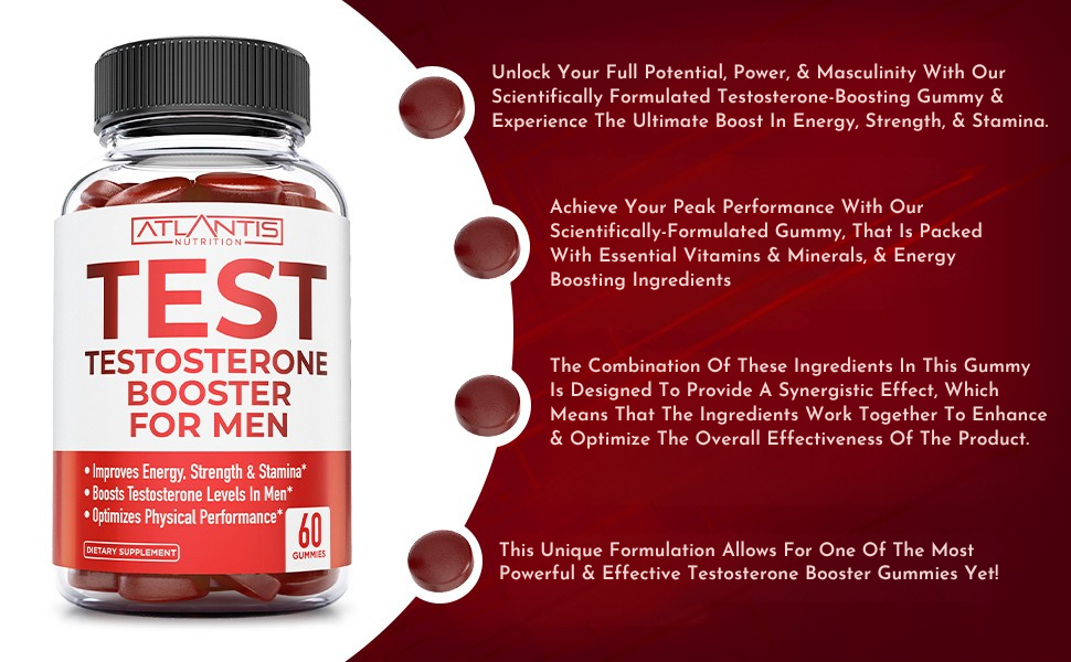 Atlantis Nutrition Testosterone Booster Gummies for Men - Enhances Strength & Stamina - Optimizes Performance & Male Enhancement - Tribulus, Goat Weed Extract, Maca Root Extract | 60 Gummies mens testosterone booster test booster for men test boost testosterone booster for men