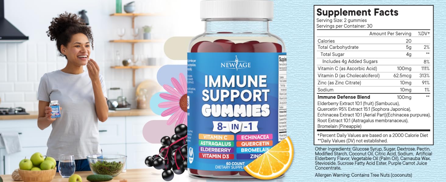 NEW AGE 8 in 1 Immune Support Booster Supplement with Astragalus Root, Vitamin C and Zinc 50mg, Vitamin D 5000 IU, Quercetin & Bromelain (8 in 1 Gummies (Pack of 2)) immune support gummies health