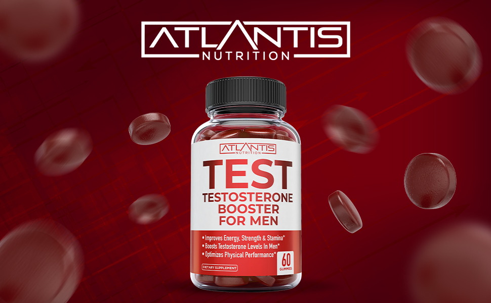 Atlantis Nutrition Testosterone Booster Gummies for Men - Enhances Strength & Stamina - Optimizes Performance & Male Enhancement - Tribulus, Goat Weed Extract, Maca Root Extract | 60 Gummies testosterone supplement for men test booster test boost max for men testosterone for men