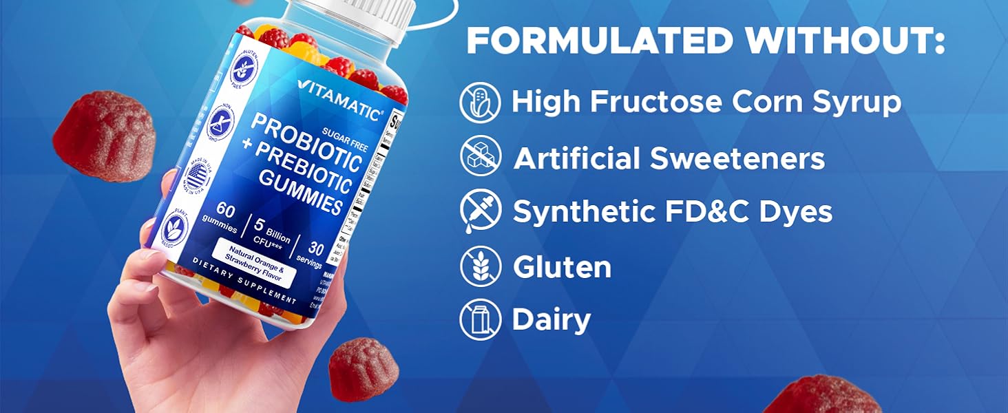 Vitamatic Probiotic + Prebiotic Gummies, 5 Billion CFU Digestive Support, Sugar Free Gut Health Supplement for Adults, Bacillus Coagulans with Inulin Fiber, 60 Gummies 4