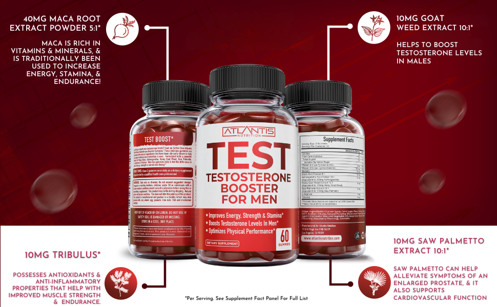 Atlantis Nutrition Testosterone Booster Gummies for Men - Enhances Strength & Stamina - Optimizes Performance & Male Enhancement - Tribulus, Goat Weed Extract, Maca Root Extract | 60 Gummies natural testosterone booster for men male libido booster testerone supplement male enhancement