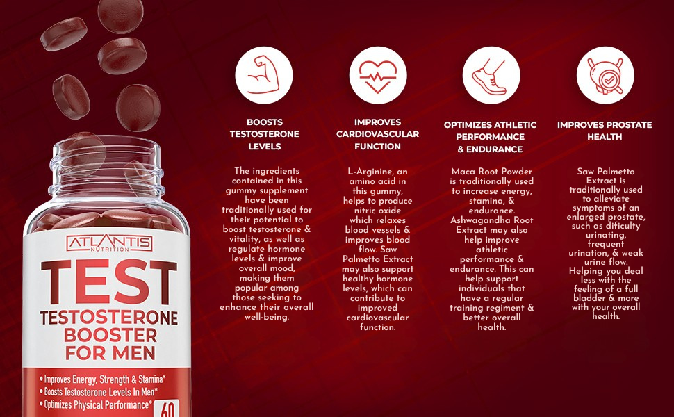 Atlantis Nutrition Testosterone Booster Gummies for Men - Enhances Strength & Stamina - Optimizes Performance & Male Enhancement - Tribulus, Goat Weed Extract, Maca Root Extract | 60 Gummies natural testosterone booster for men male libido booster testerone supplement male enhancement