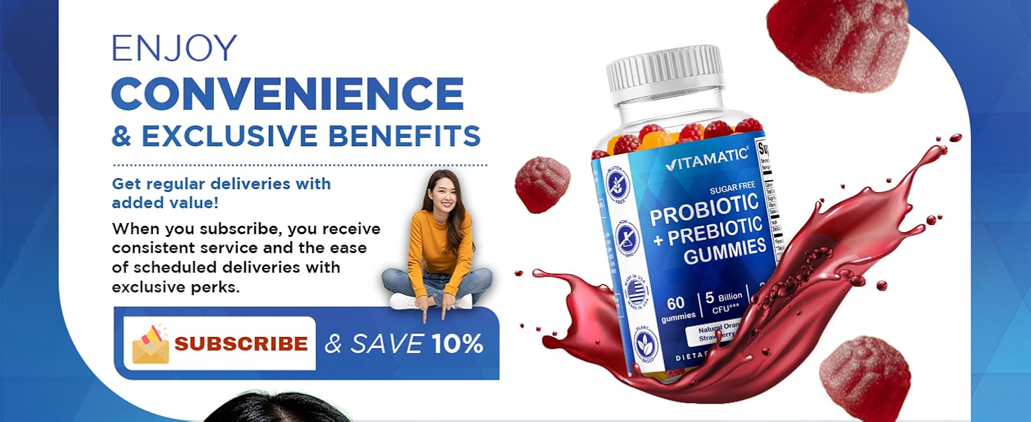 Vitamatic Probiotic + Prebiotic Gummies, 5 Billion CFU Digestive Support, Sugar Free Gut Health Supplement for Adults, Bacillus Coagulans with Inulin Fiber, 60 Gummies 5